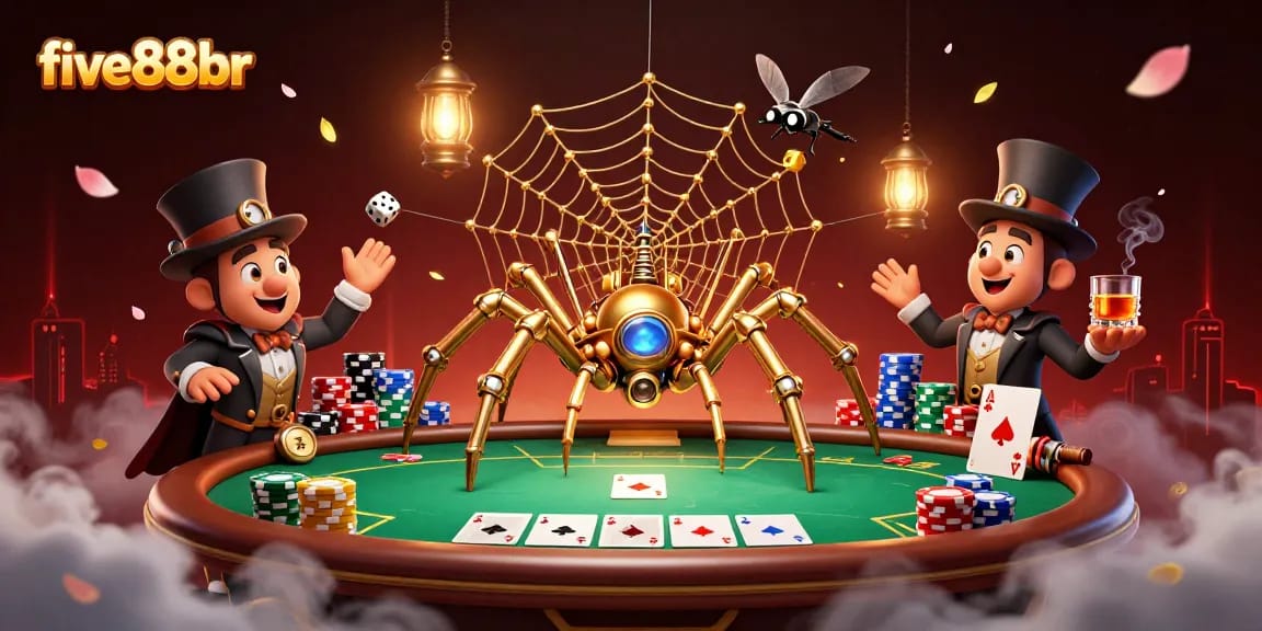 Experience thrilling gameplay with five88br's unique casino illustration featuring a steampunk spider and poker excitement.