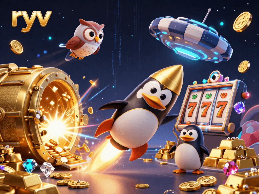 Win big with ryv at an exciting online casino scene featuring a rocket-powered penguin, jackpot symbols, and vibrant treasures.