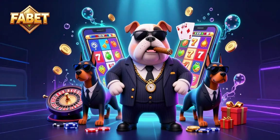 FABET showcases a mafia bulldog boss and bodyguard Dobermans amidst a vibrant online slot scene.
