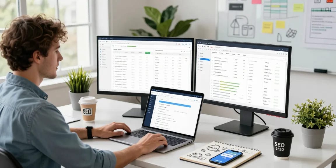 Digital marketing professional using AI SEO tools in a modern workspace with analytics data and brainstorming notes.