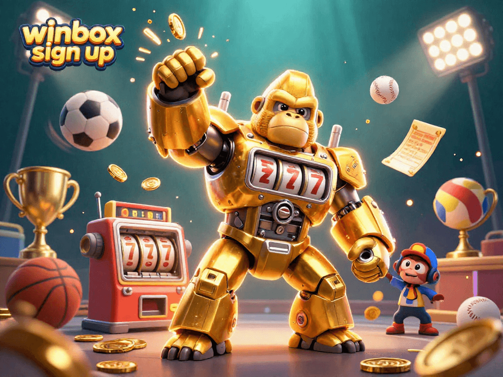 Winbox sign up shows a vibrant 3D illustration with a golden gorilla mech and animated sports elements.