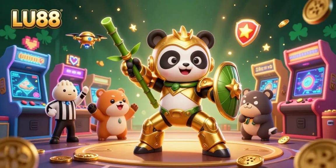 LU88 showcases a lively gaming scene with a mech-suit panda and vibrant arcade elements, promoting fun play.