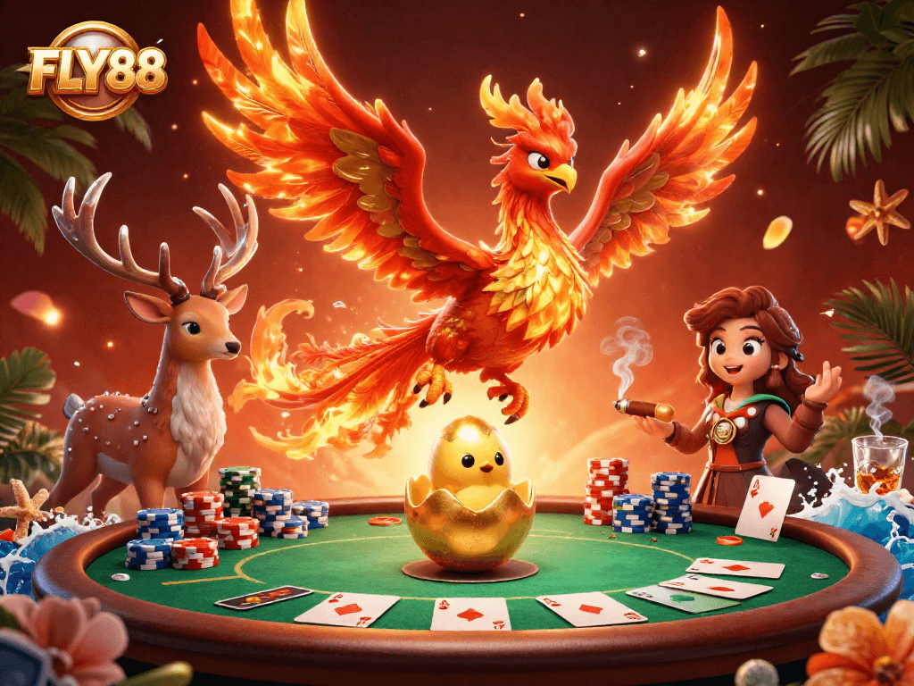 Experience FLY88's exciting gaming energy with a vibrant phoenix in a poker scene.