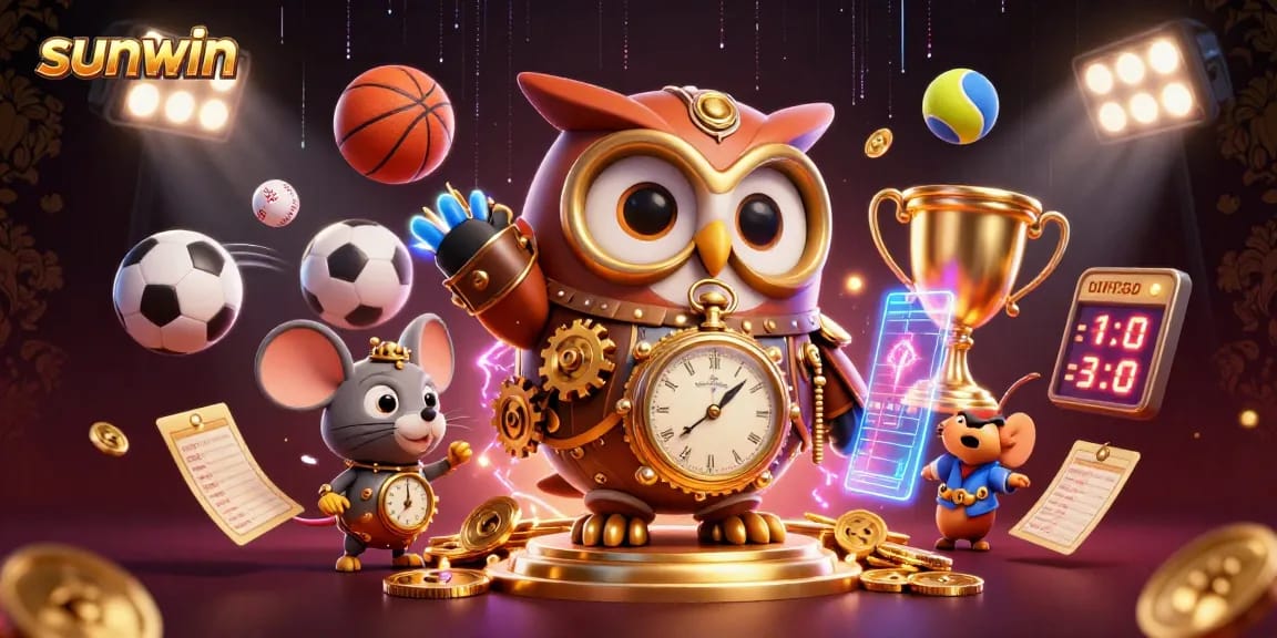 Join Sunwin's thrilling gameplay with a whimsical time-traveler owl in a vibrant casino world.