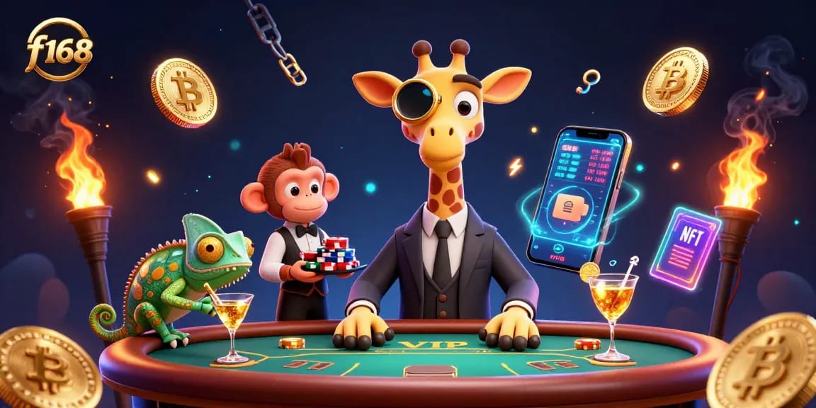 Join the excitement at f168, featuring high-stakes bets with a high-roller giraffe and colorful casino elements.