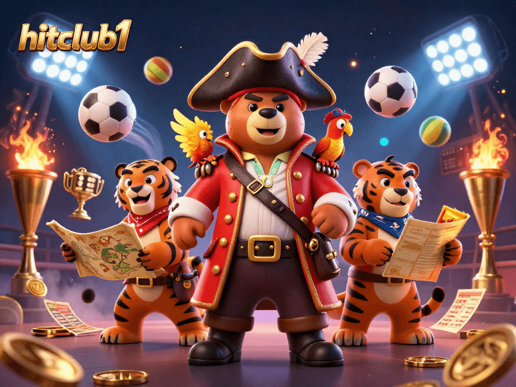 Hitclub1 showcases a thrilling adventure with a pirate bear, his fierce tiger first mate, and vibrant sports elements.