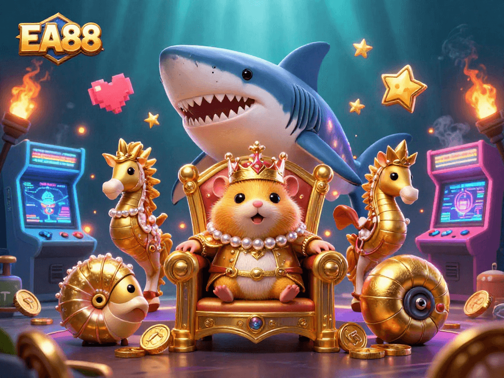 EA88 game elements surround a golden hamster king on his megalodon throne amidst vibrant arcade visuals.