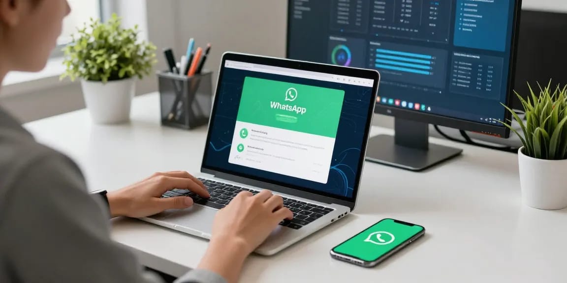 Engaging workspace scene for WhatsApp下載 with modern tech setup.