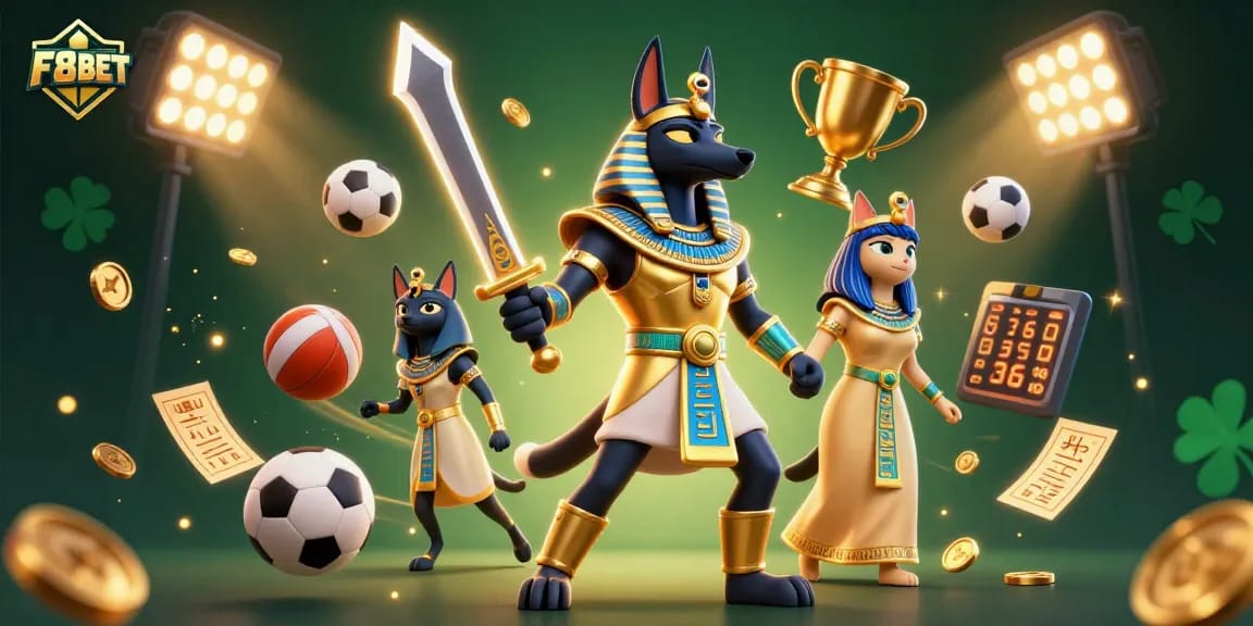 F8BET offers sports betting excitement with Anubis and Bastet amidst golden trophies and vibrant sports elements.