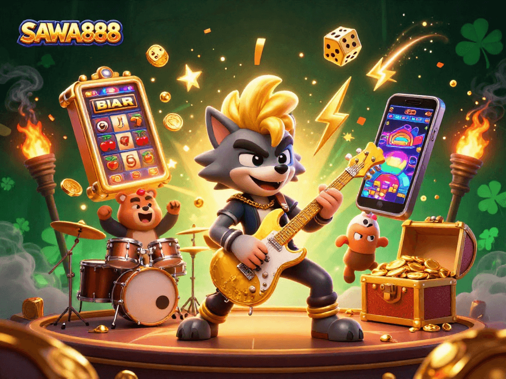 SAWA888 hosts a vibrant casino scene with a rock star wolf and drummer bear celebrating big wins and jackpots.