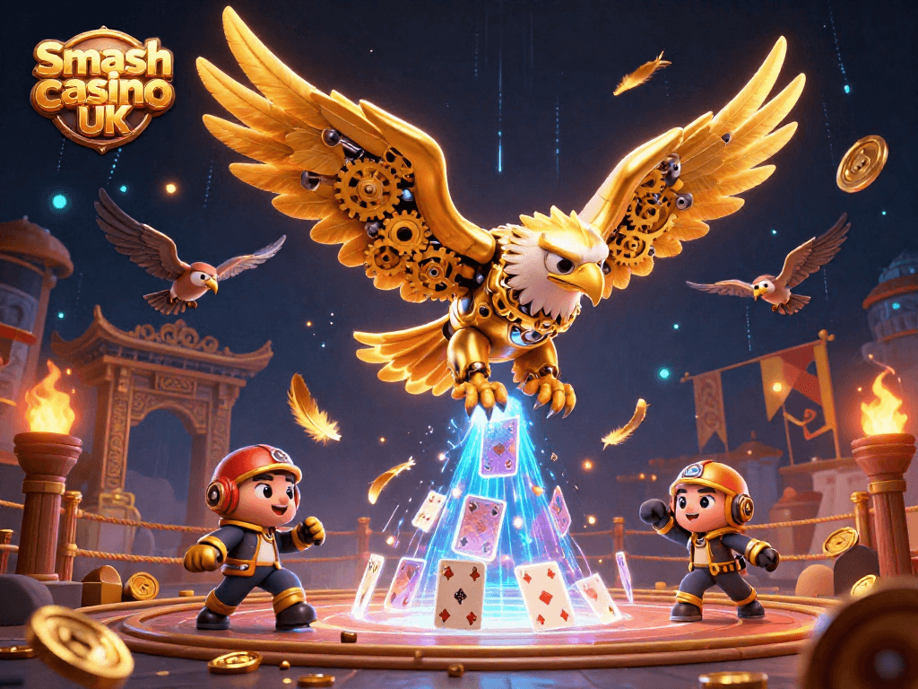 Engage with Smash casino UK showcasing vibrant 3D action featuring a cybernetic eagle and holographic cards.