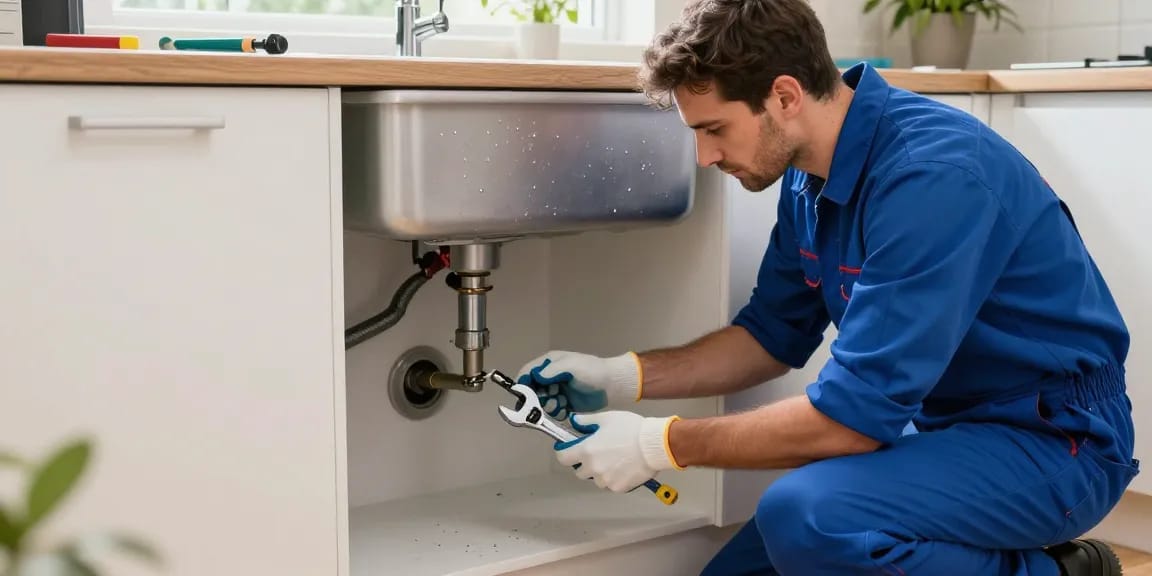 Expert plumber resolving a blocked drain London issue in a bright kitchen setting.