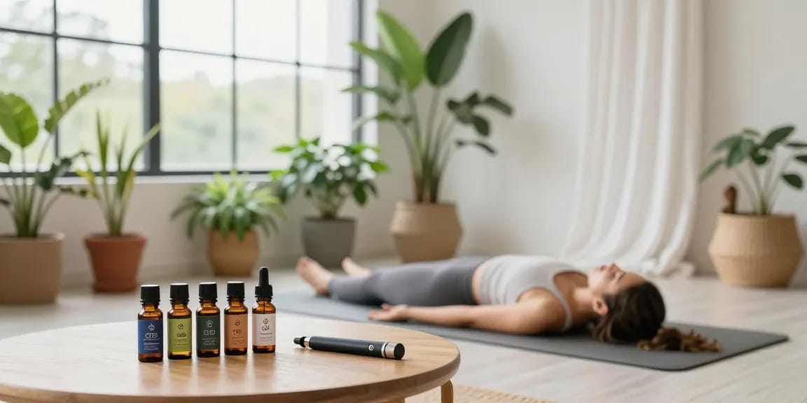 Strong THC vapes UK featured alongside premium CBD oils in a serene yoga space, promoting wellness and natural health.