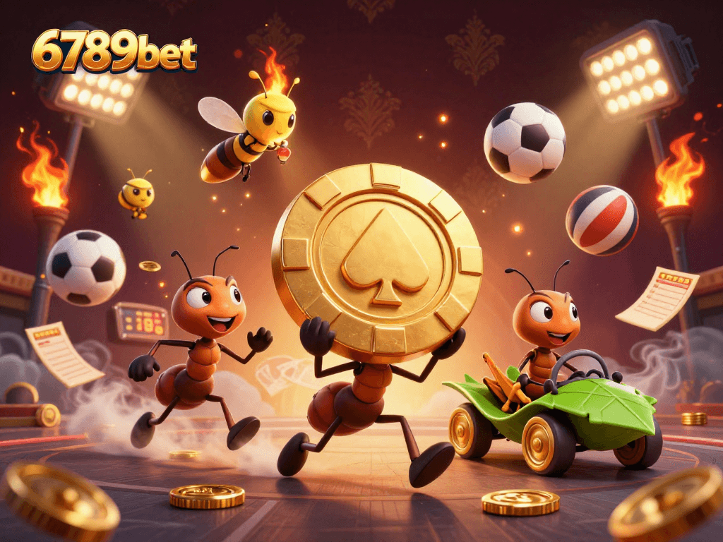 Encounter a thrilling scene with 6789bet as ants carry a giant poker chip in a dynamic casino heist.
