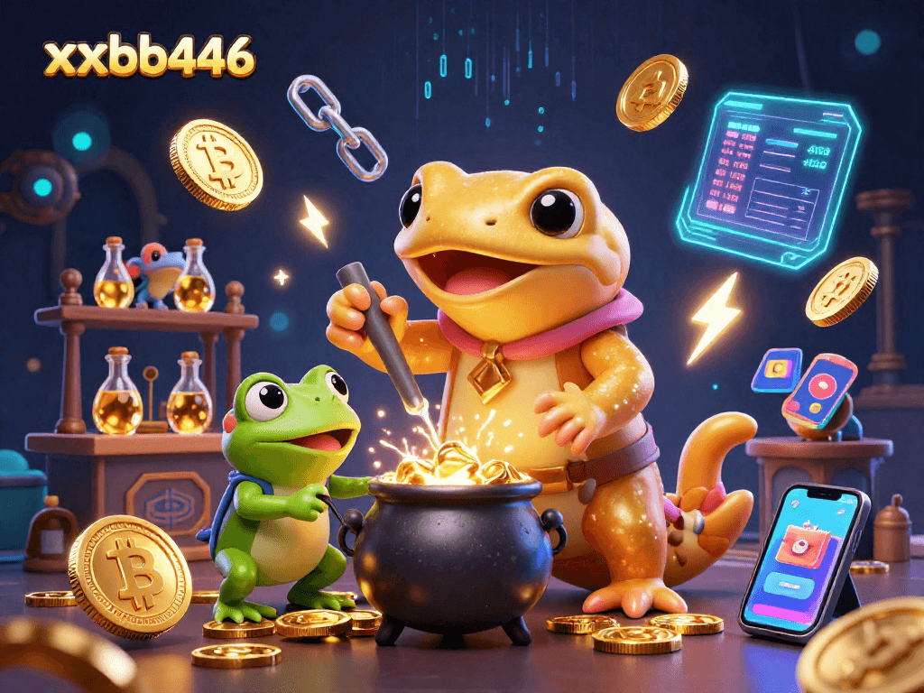 Spin the excitement at xxbb446, featuring a golden salamander and crypto elements in a vibrant casino scene.