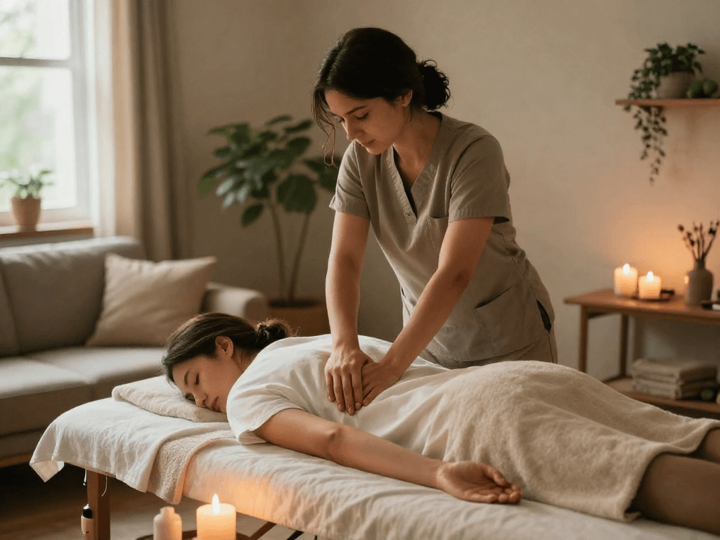Relaxing 부평출장마사지 session in a cozy home setting with serene atmosphere.