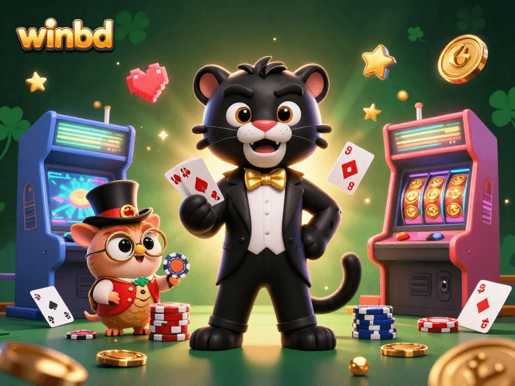 Experience winbd’s online casino excitement with a charming panther dealer, captivating owl, and lucky mouse surrounded by vibrant gaming elements.