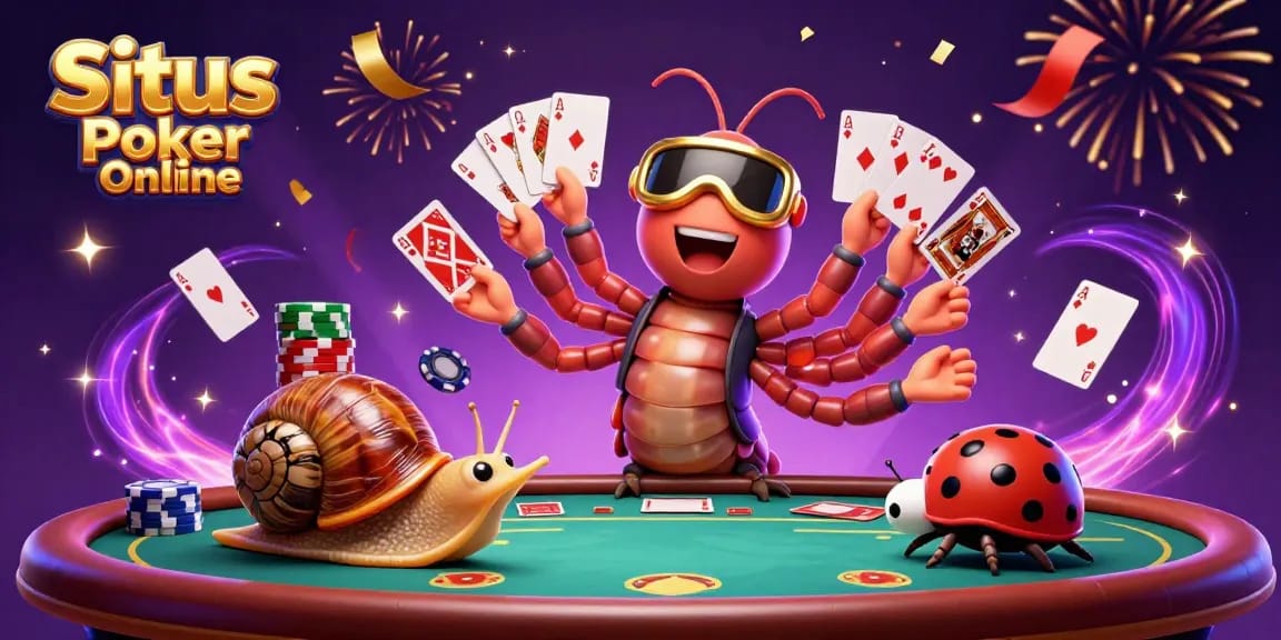 Situs Poker Online features a vibrant scene with characters and poker elements, showcasing an engaging gaming experience.