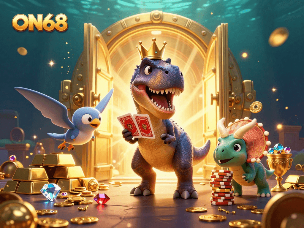 ON68 showcases a T-Rex shuffling cards in a vibrant casino scene filled with gold and jewels.