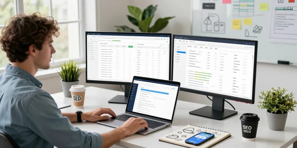 Digital marketing professional using AI SEO tools in a modern workspace with analytics data and brainstorming notes.