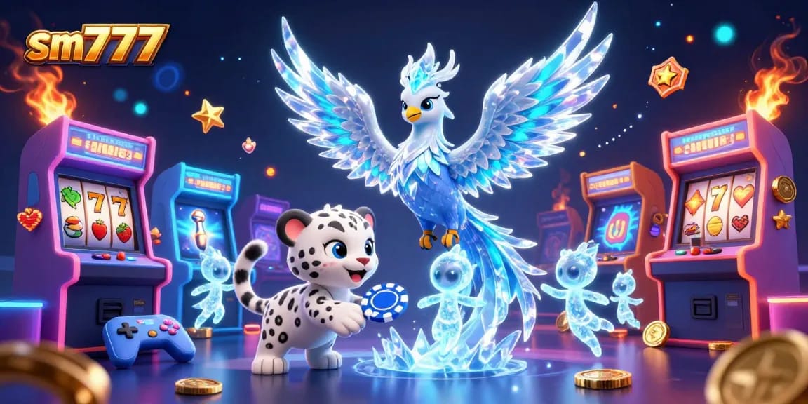 Experience thrilling gaming with SM777's vibrant ice phoenix and captivating casino elements.