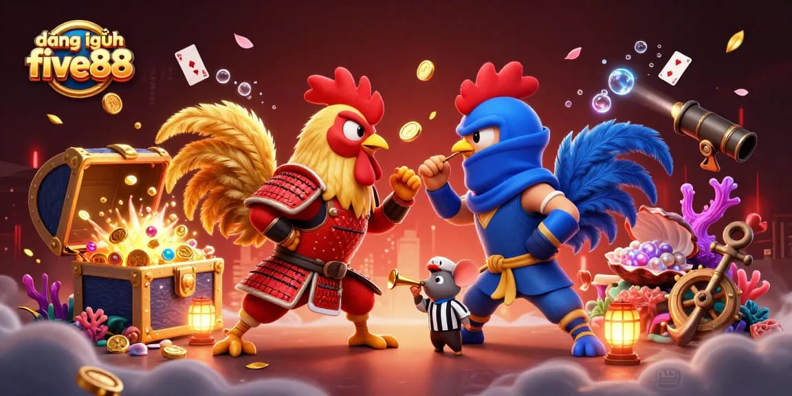 Engage in the thrilling action at đăng nhập five88, showcasing fighting roosters in a vibrant casino setup.