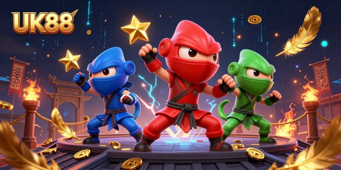Engage with UK88 in a vibrant 3D casino scene featuring ninja chameleons and combat elements.