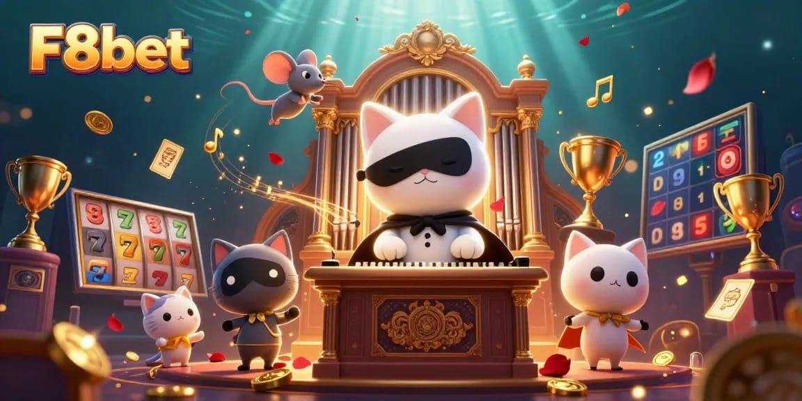 Engage with F8bet slots as the casino’s captivating phantom cat plays an ornate organ amid falling gold coins.