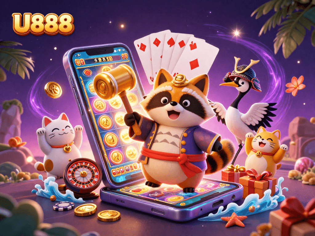 U888 brings luck and excitement with a cheerful tanuki, slot games and vibrant casino elements.