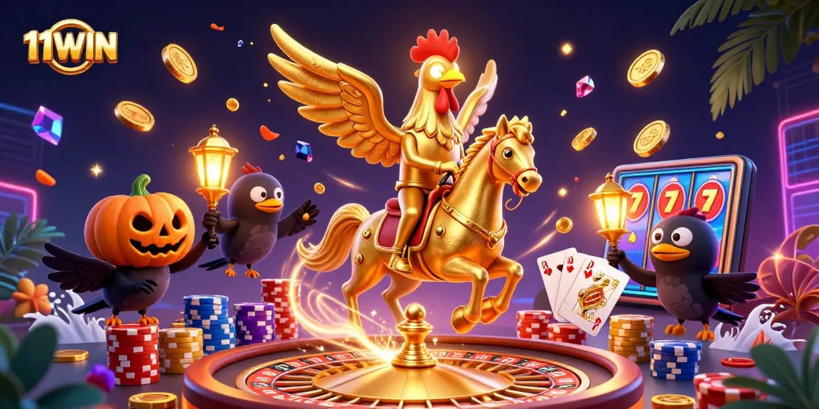 11WIN immersive experience featuring a golden rooster and casino elements bursting with energy.