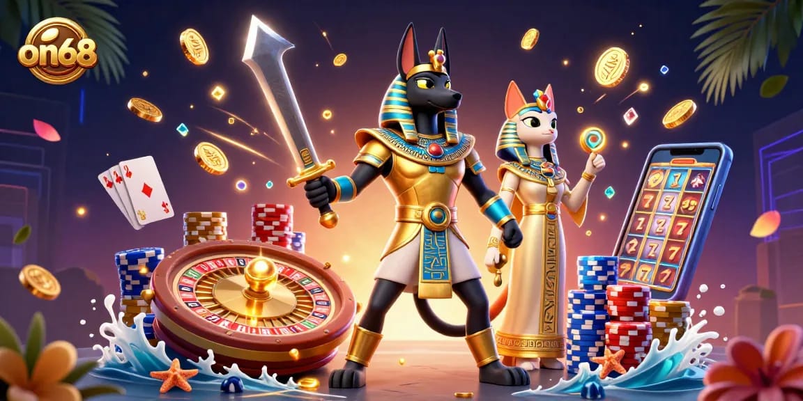 Experience thrilling gaming action with on68's vibrant 3D casino scene featuring Anubis and Bastet.