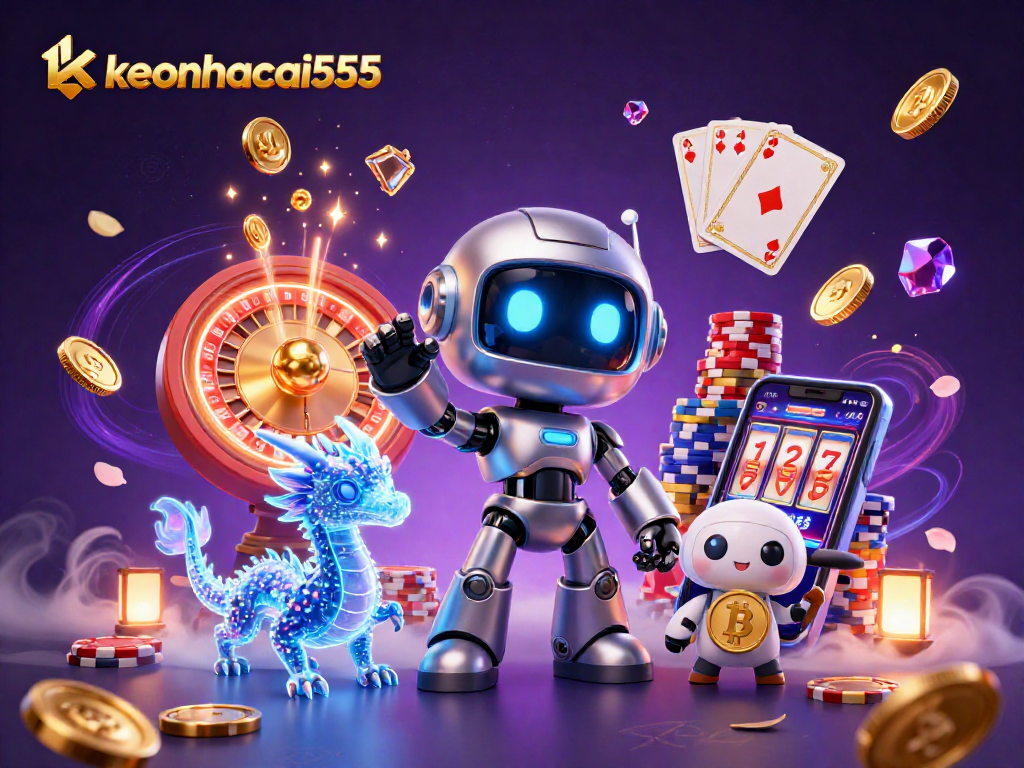 Experience the thrill at keonhacai555 with our vibrant 3D illustration showcasing dynamic casino elements and characters.