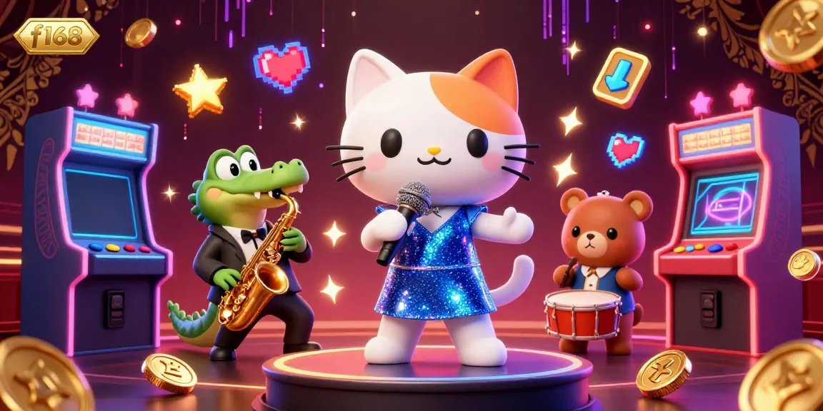 Experience the dynamic world of f168 casino with animated characters performing on stage, surrounded by vibrant gaming elements.