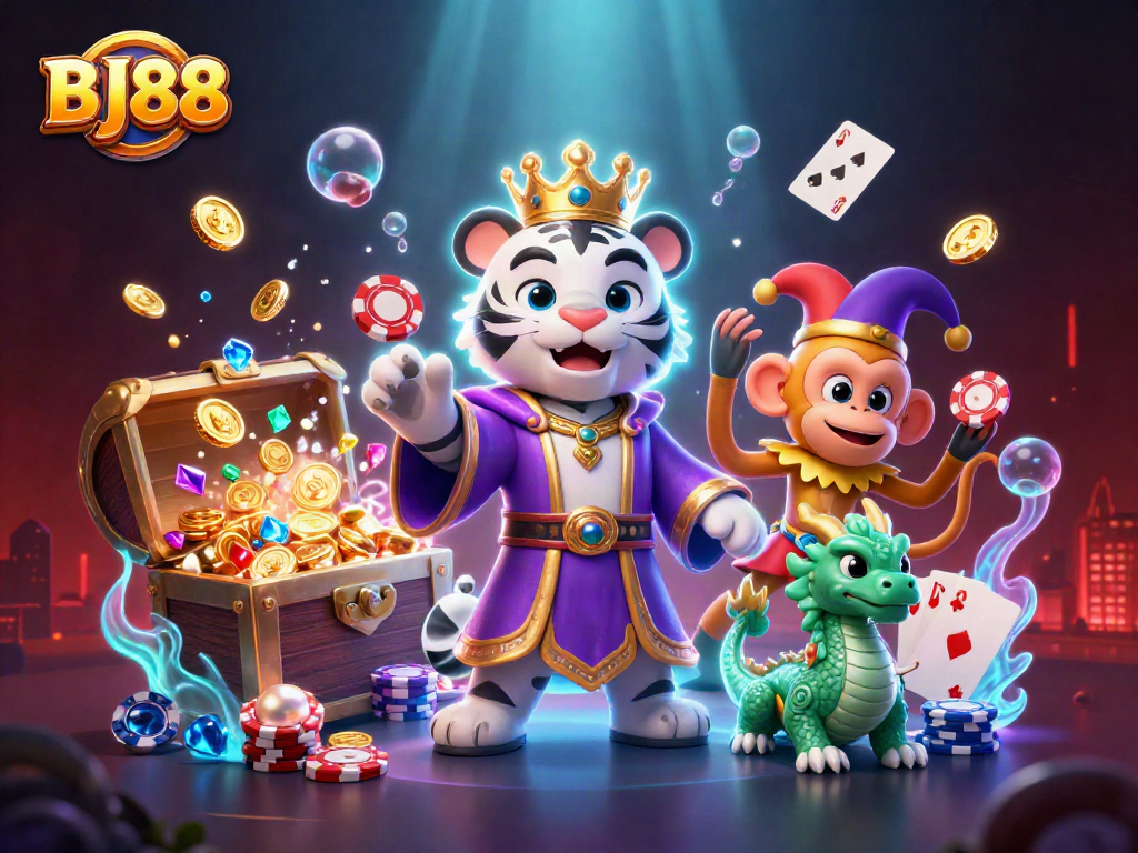 Engage in thrilling gambling with BJ88 featuring vibrant casino characters and elements.