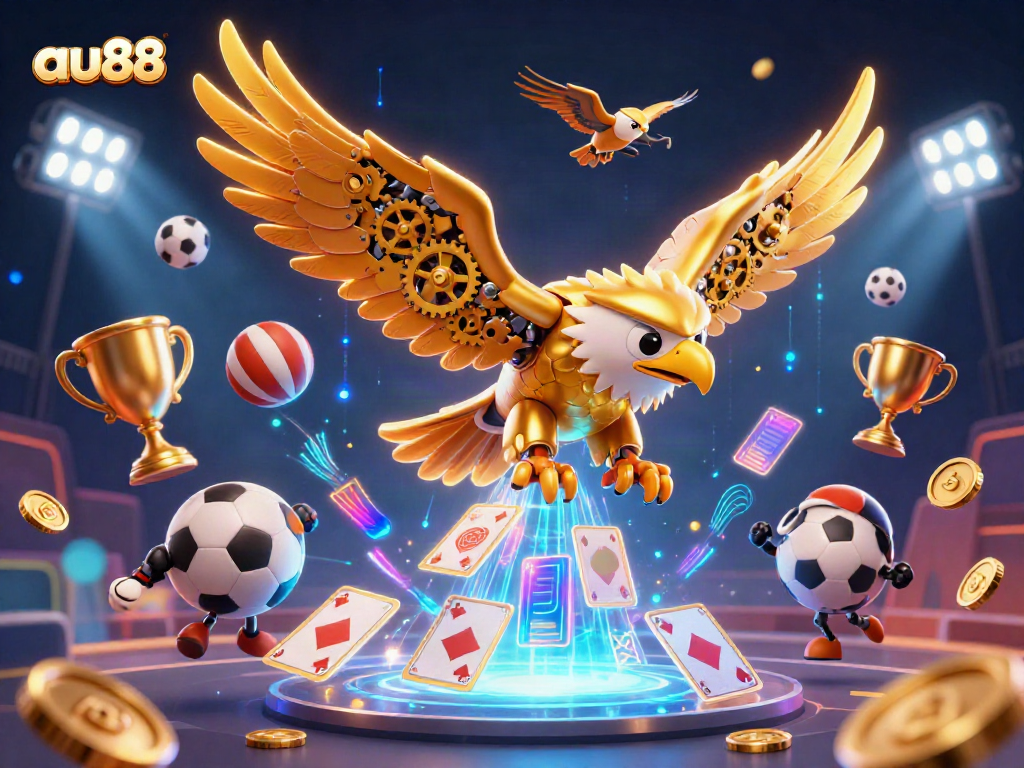 Experience the thrill of au88 with a golden eagle soaring through vibrant casino-themed elements.
