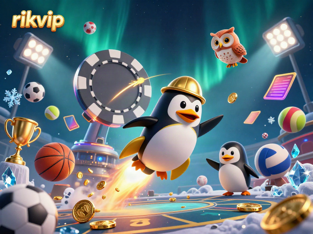 Engage with RIKVIP, the golden penguin racing toward a vibrant casino, surrounded by dynamic sports elements.