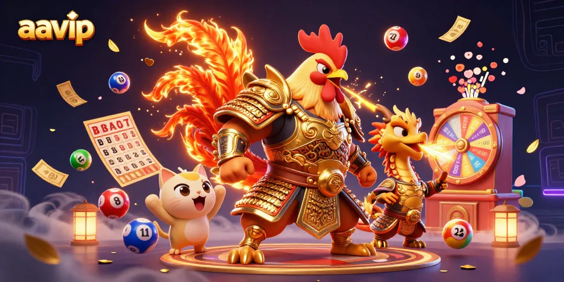 Engaging AAVIP action scene with a cartoon rooster warrior, dragon hatchling, and lucky cat amidst vibrant lottery elements.