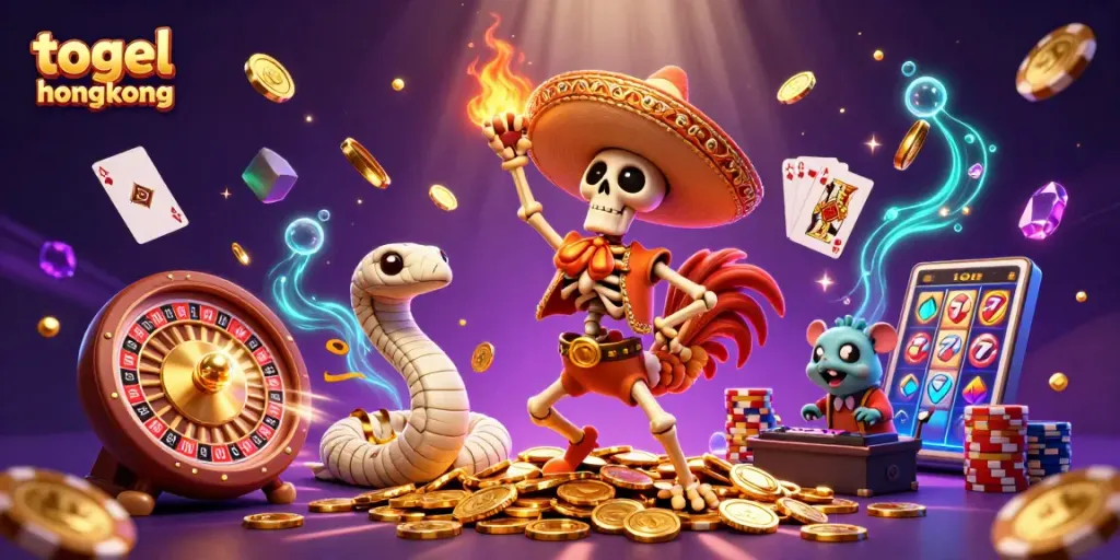 Togel Hongkong interactive gaming scene featuring a rooster, mummy, and hamster celebrating with coins and cards.