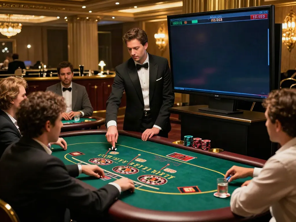 Exciting live casino atmosphere at 8kbeteu.com with diverse players engaged in gambling games, elegant dealers, and sophisticated setting.