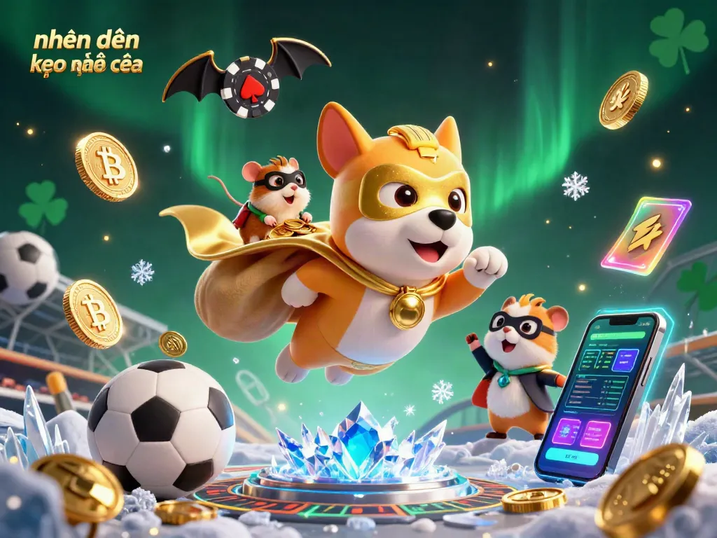 Engaging nhận định kèo nhà cái visual featuring a superhero dog, betting elements, and vibrant neon cryptocurrency designs.
