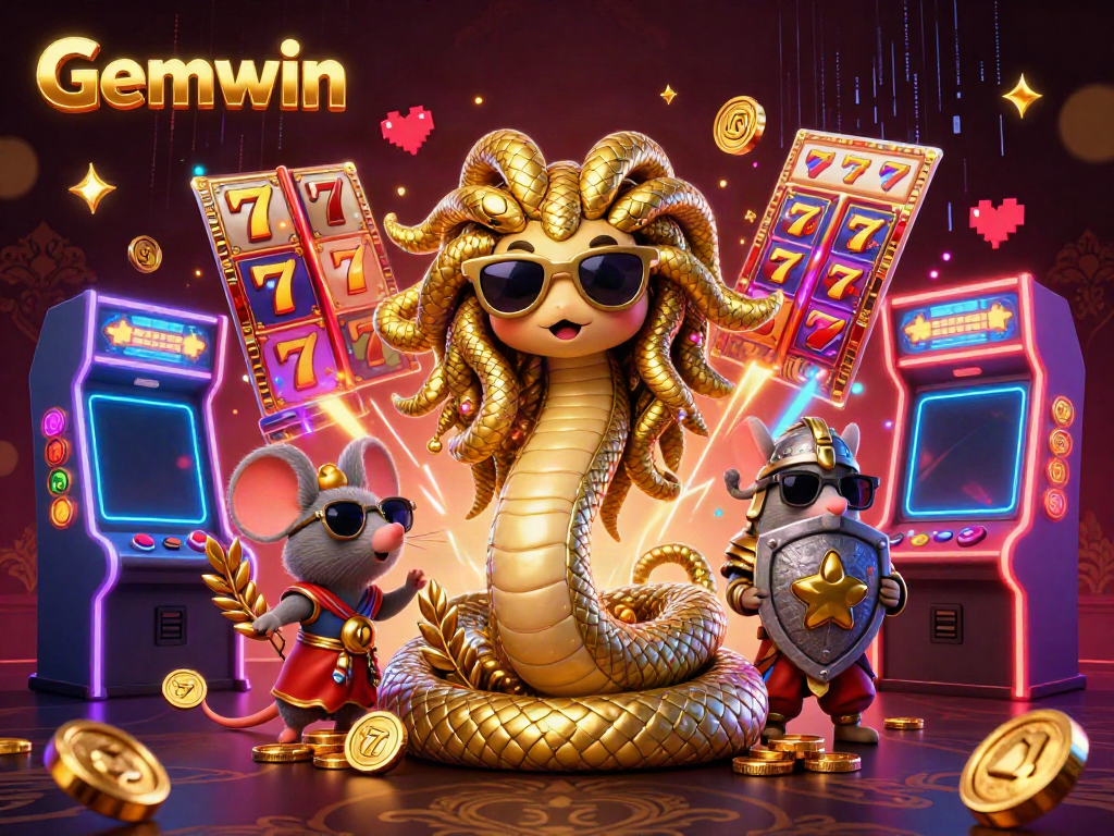 Experience the immersive Gemwin casino world with Medusa and a brave mouse among vibrant slot machines and golden jackpots.