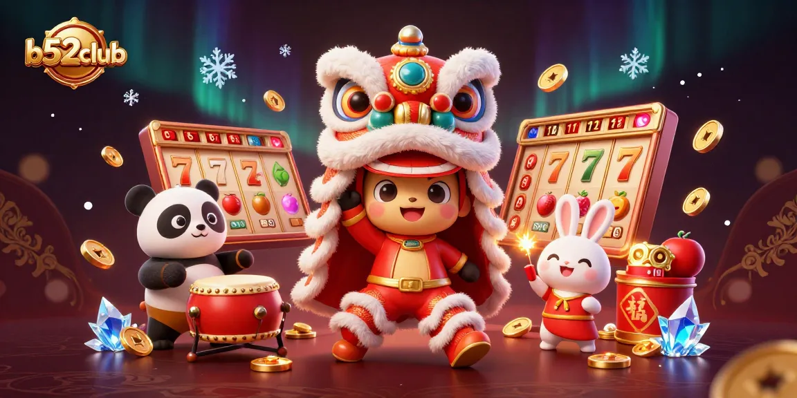 Experience thrilling wins at b52club with vibrant 3D illustrations of lively characters and casino elements.