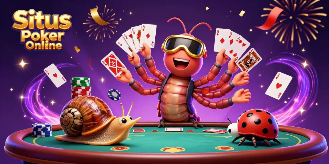Situs Poker Online features a vibrant scene with characters and poker elements, showcasing an engaging gaming experience.