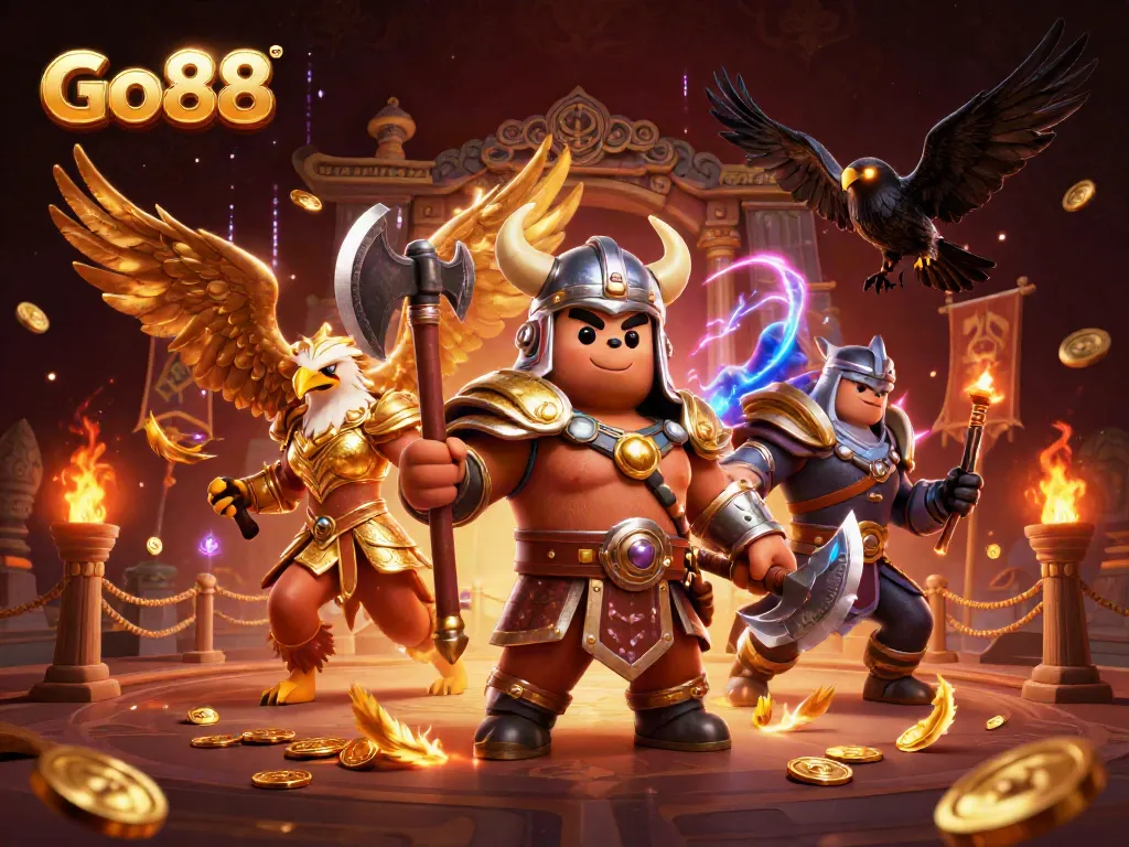 Engage with Go88's dynamic casino experience in a vibrant 3D illustration featuring unique characters and game elements.