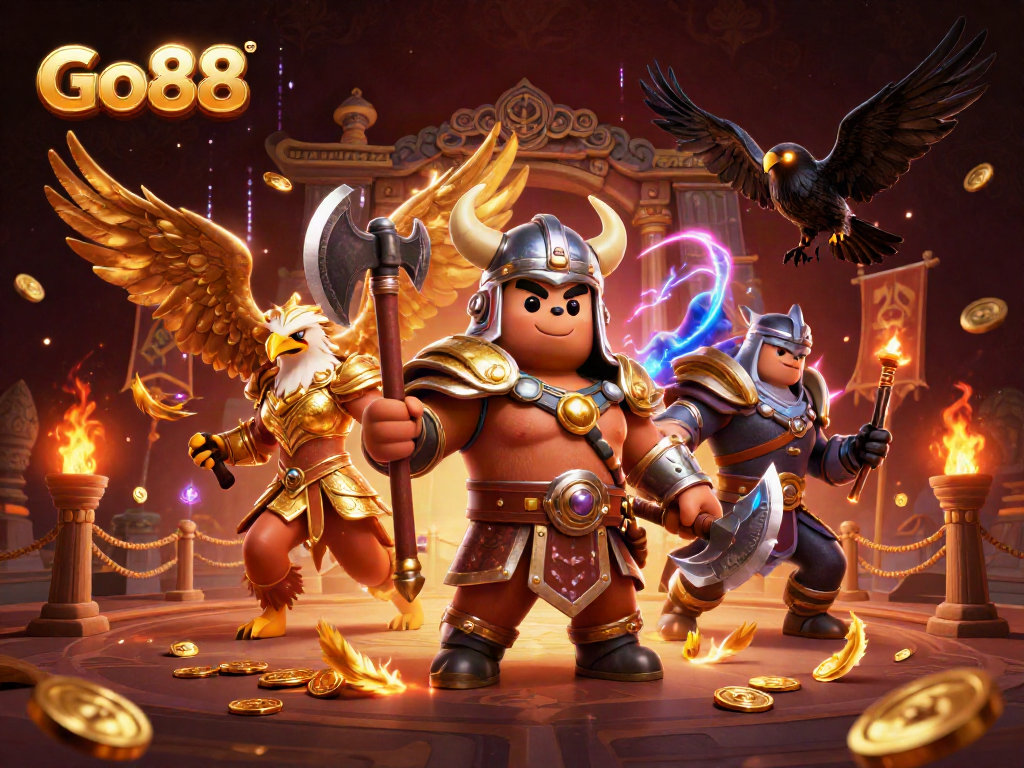 Engage with Go88's dynamic casino experience in a vibrant 3D illustration featuring unique characters and game elements.