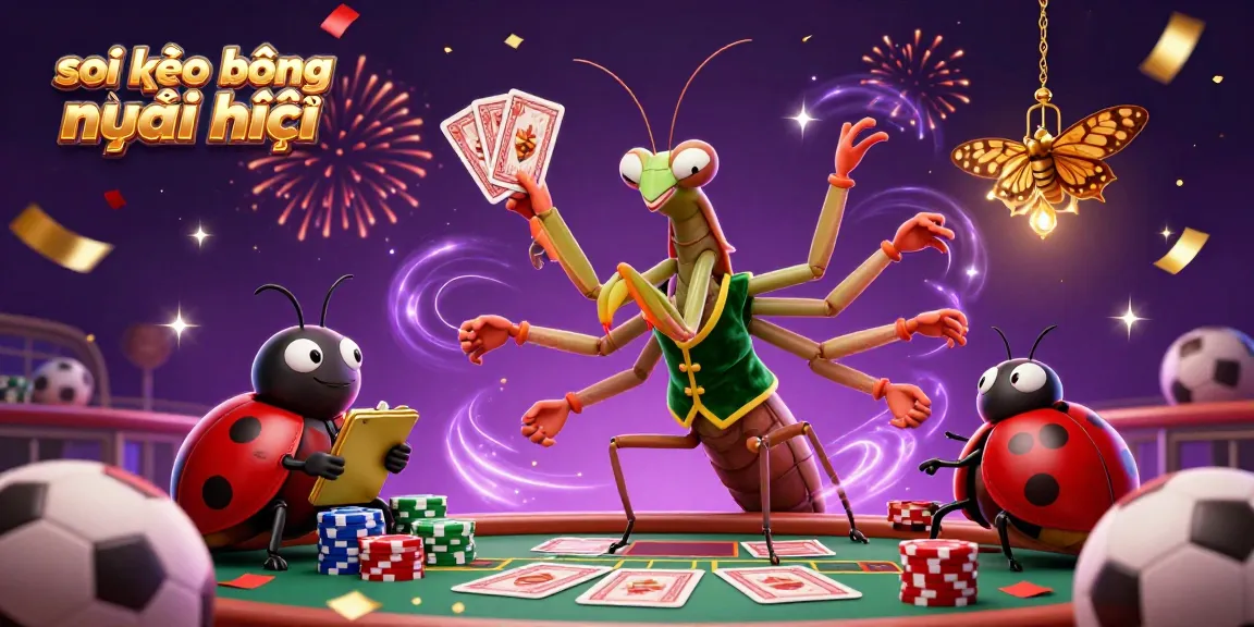 Soi kèo bóng đá mới nhất with a 3D cartoon giant mantis and ladybug in a vibrant sports betting scene.