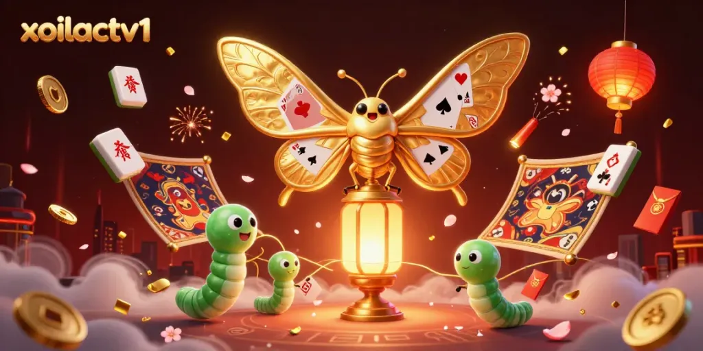 Experience vibrant casino scenes with xoilactv1, featuring golden moths and festive elements.