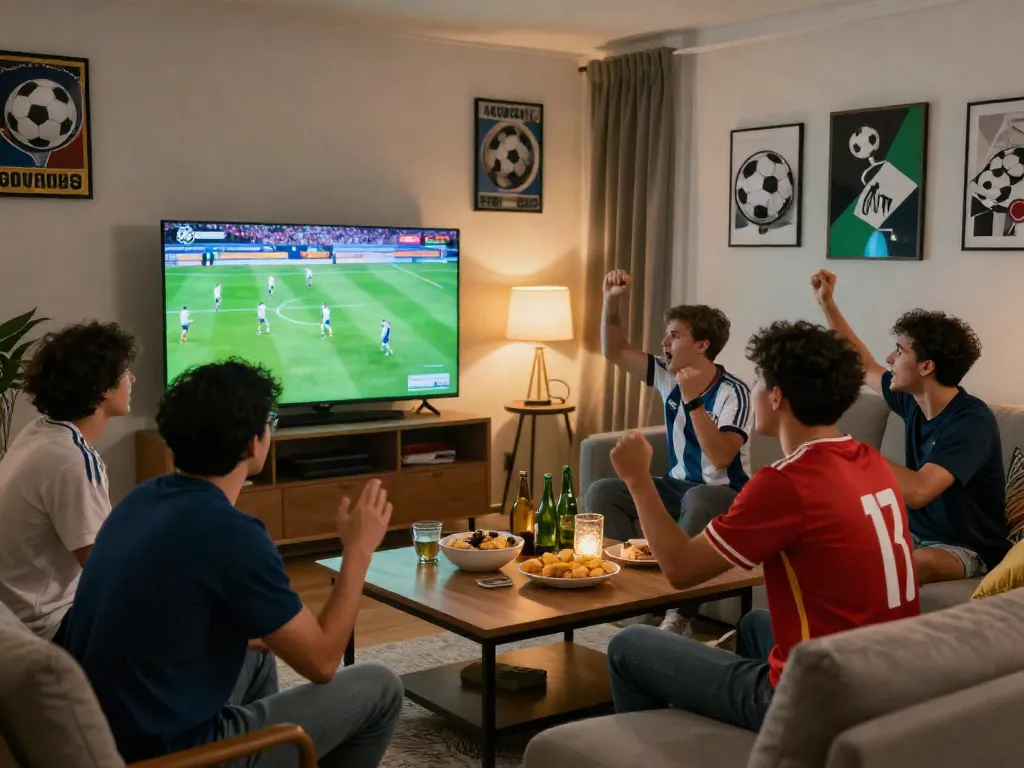 Excited fans watching Gavangtv live soccer broadcast at home.