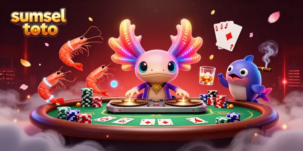 Experience sumsel toto gaming with vibrant axolotl DJ and poker elements in action.