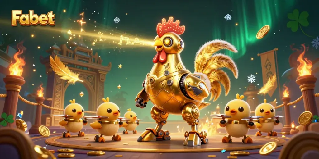 Engage with Fabet's vibrant gambling universe featuring 3D rooster robot and baby chick drones.
